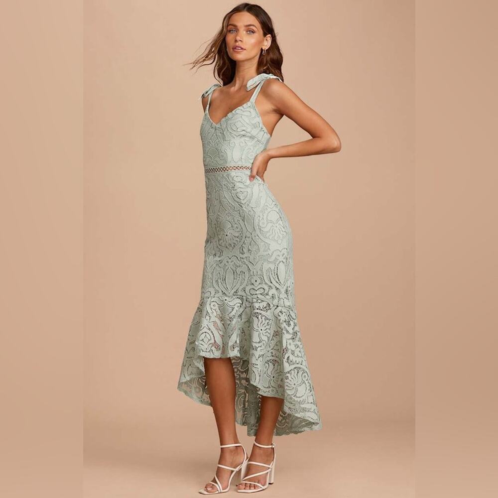 Lulus Won Your Heart Sage Green Lace Tie-Strap High-Low Midi Dress Medium New!